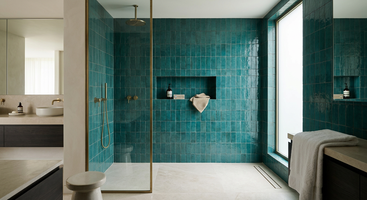 Luxurious teal tiled walk-in shower with a built-in niche shelf