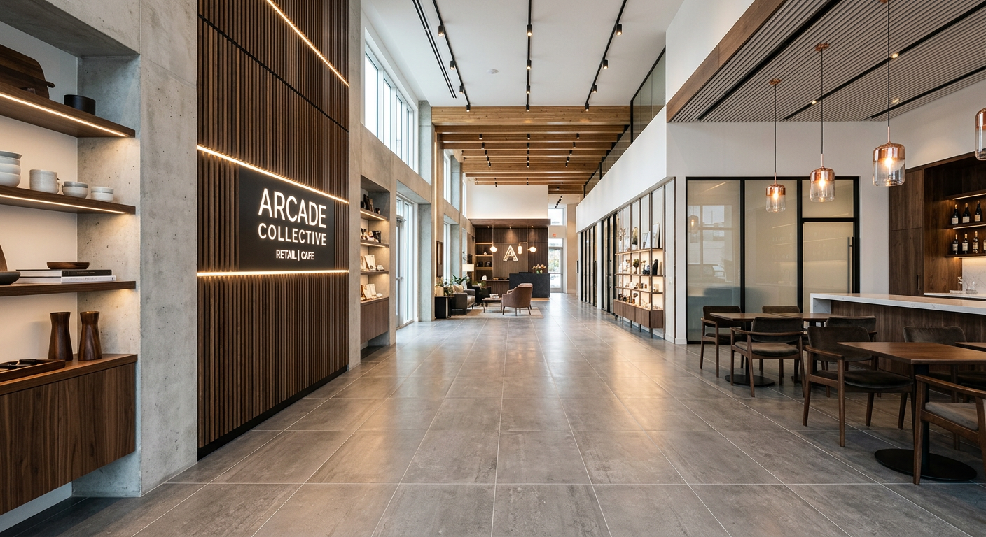 Modern commercial fit-out with tiled flooring and a feature wall
