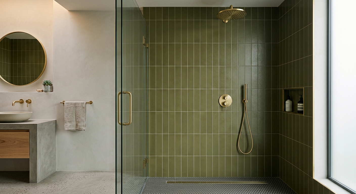 Olive green vertical tile shower with brushed brass fixtures