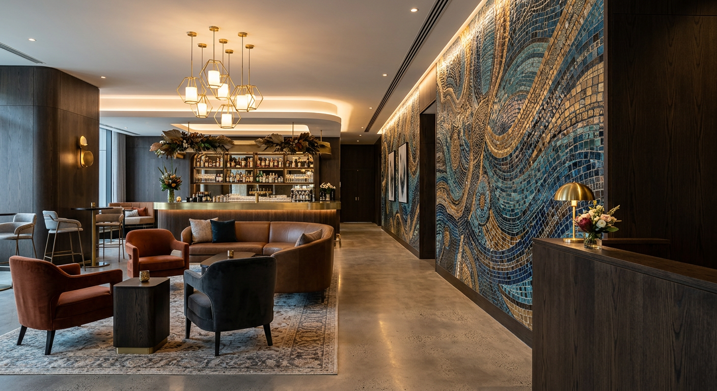 Commercial hospitality fit-out with mosaic tiled feature wall