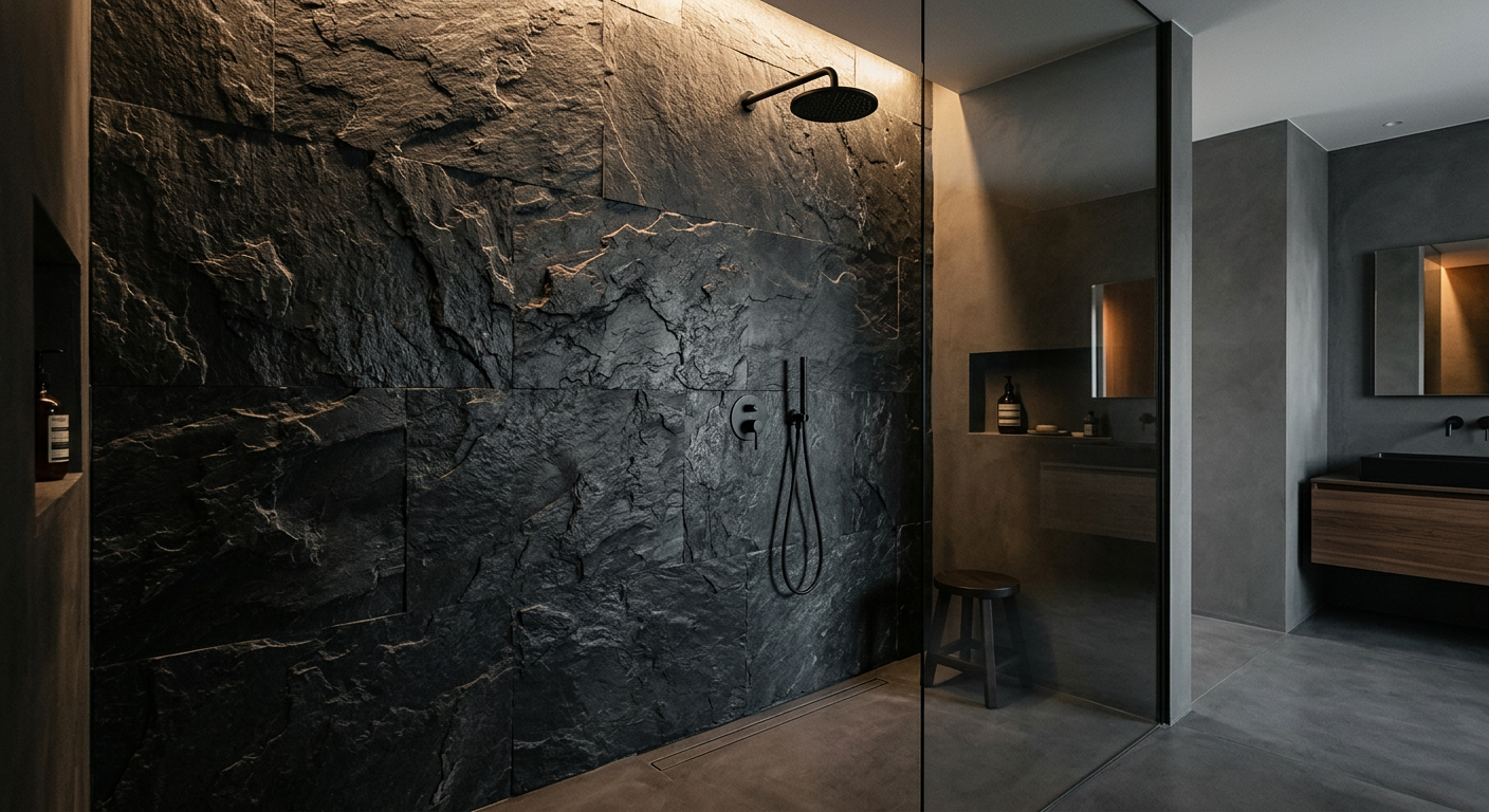 Dark natural stone feature wall in a modern shower