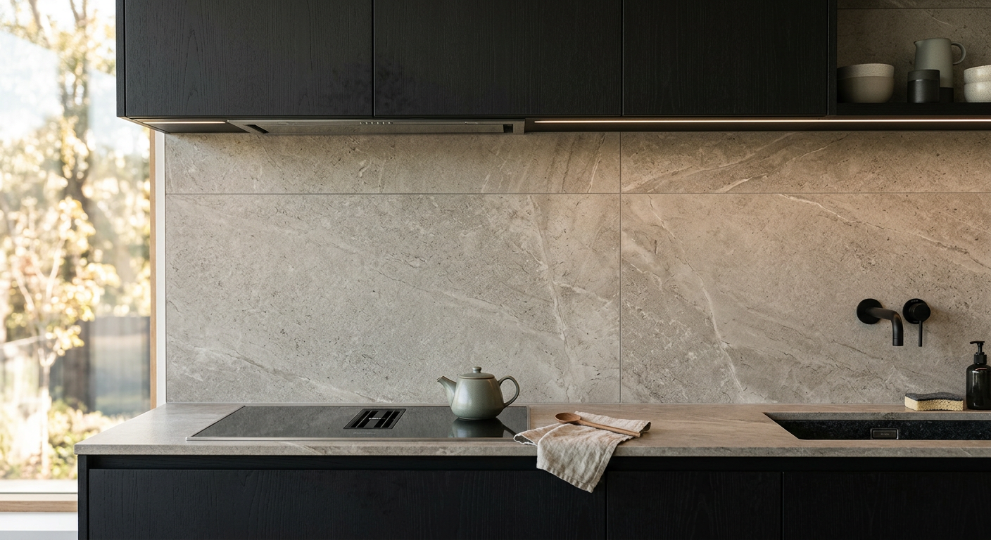 Large-format stone-look kitchen splashback tiling