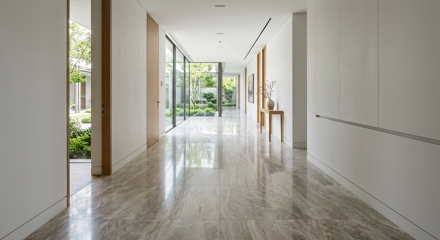 Large-format polished stone flooring installation