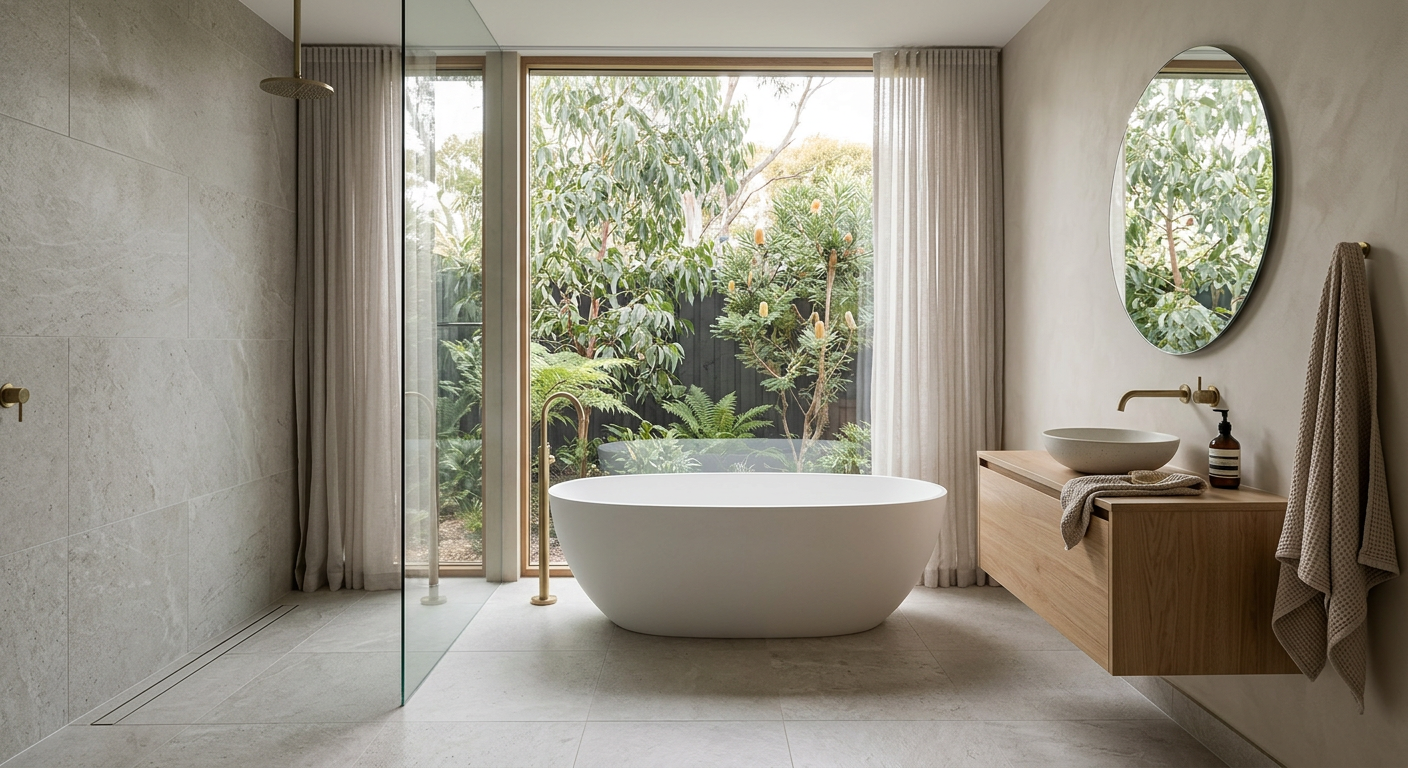 Elegant residential bathroom with large-format tiles and a freestanding bathtub